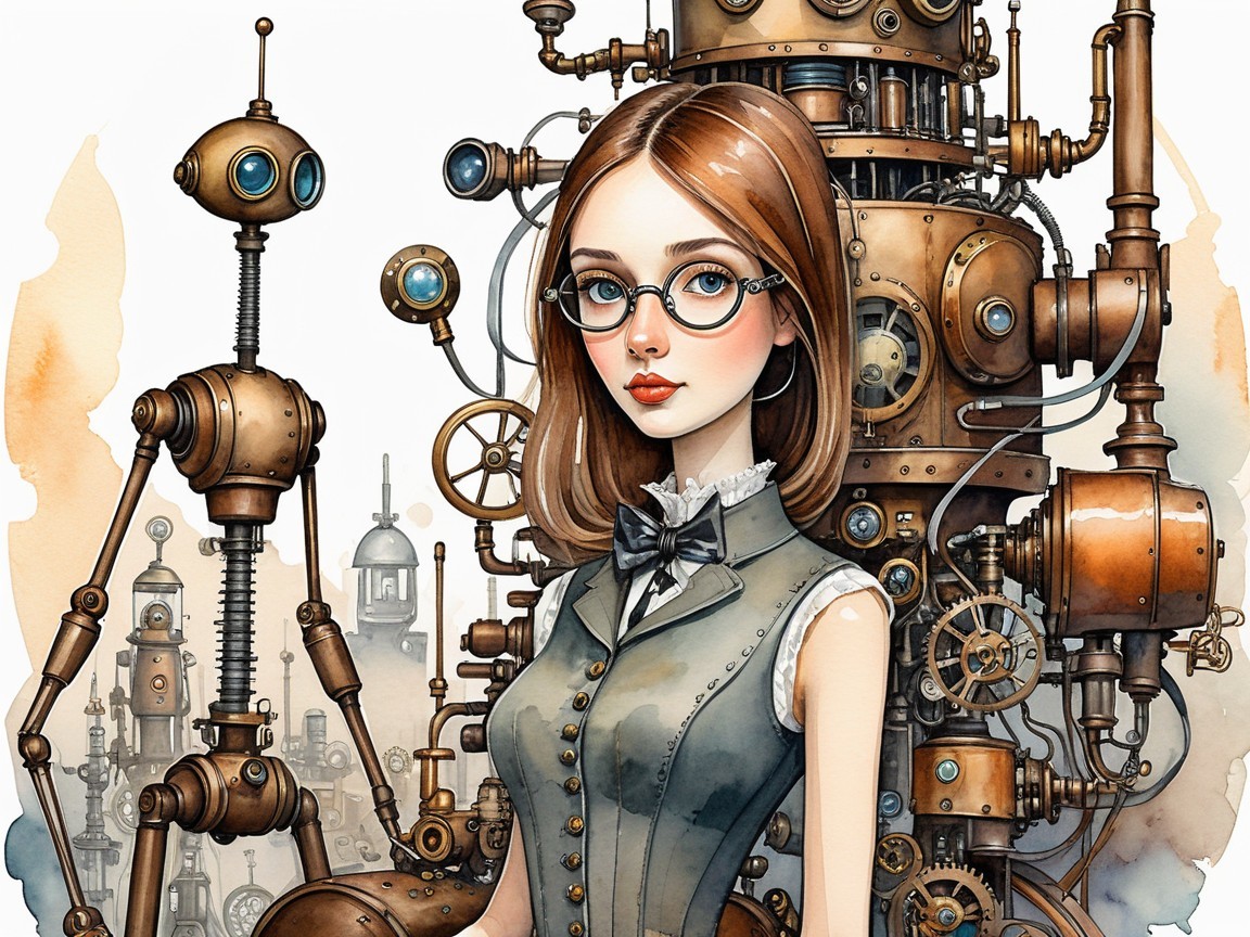 Young Woman in Steampunk Setting with Mechanical Robots