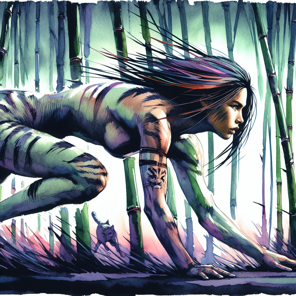 Illustration of a Feline-Human Figure in Bamboo Forest