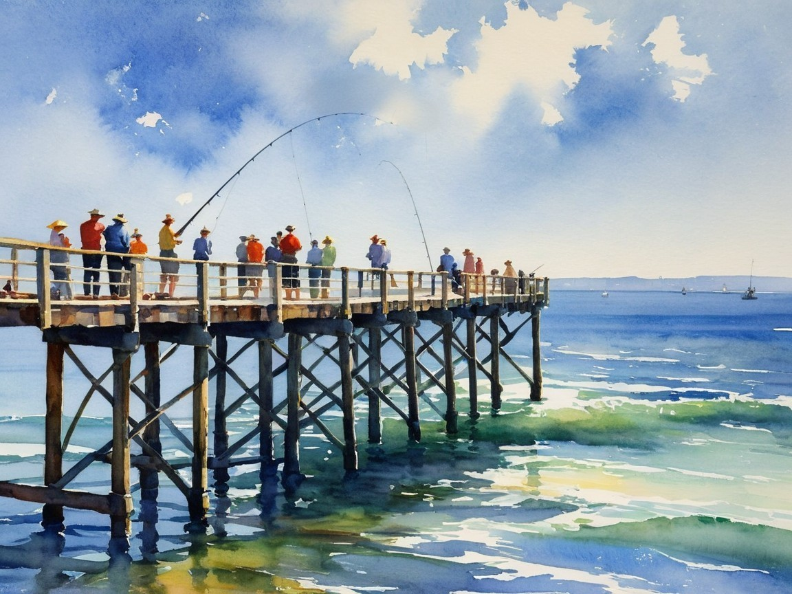 Vibrant Watercolor of a Busy Fishing Pier Scene