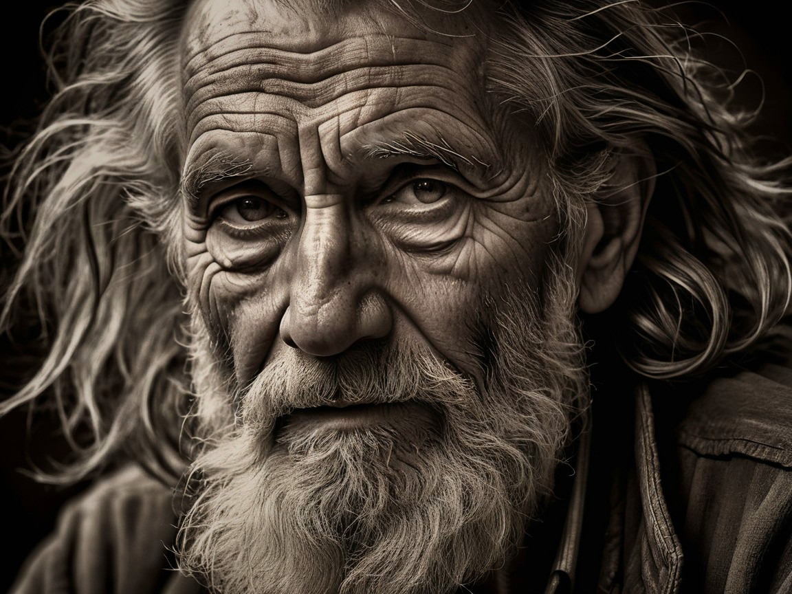 Elderly man with expressive features in black and white