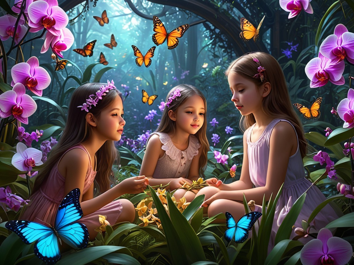 Young girls in a vibrant forest surrounded by nature