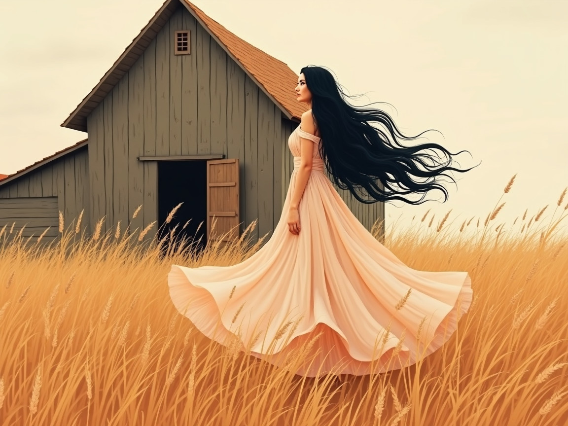 Woman in Pink Dress in Golden Wheat Field at Sunset