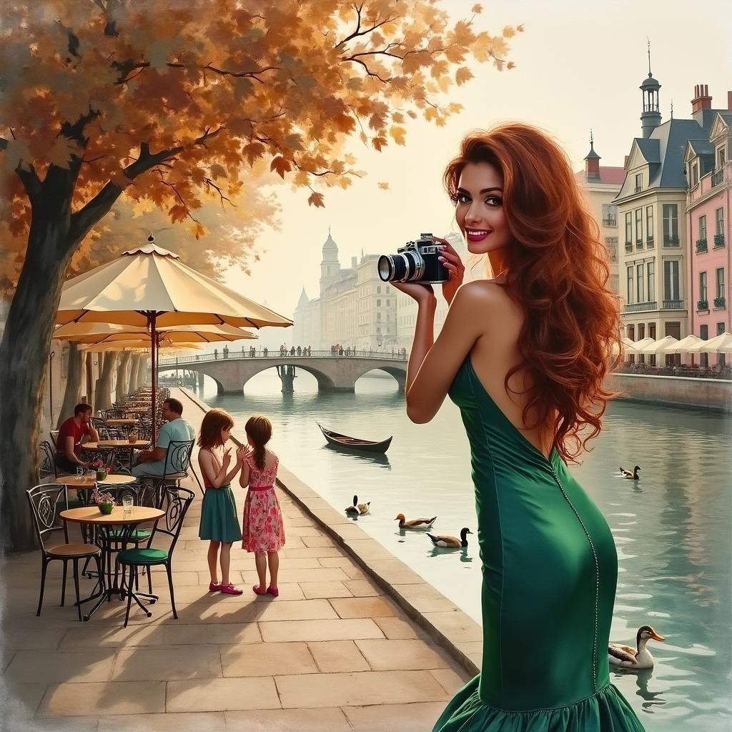 Woman in Green Gown Captures Canal Scene with Camera