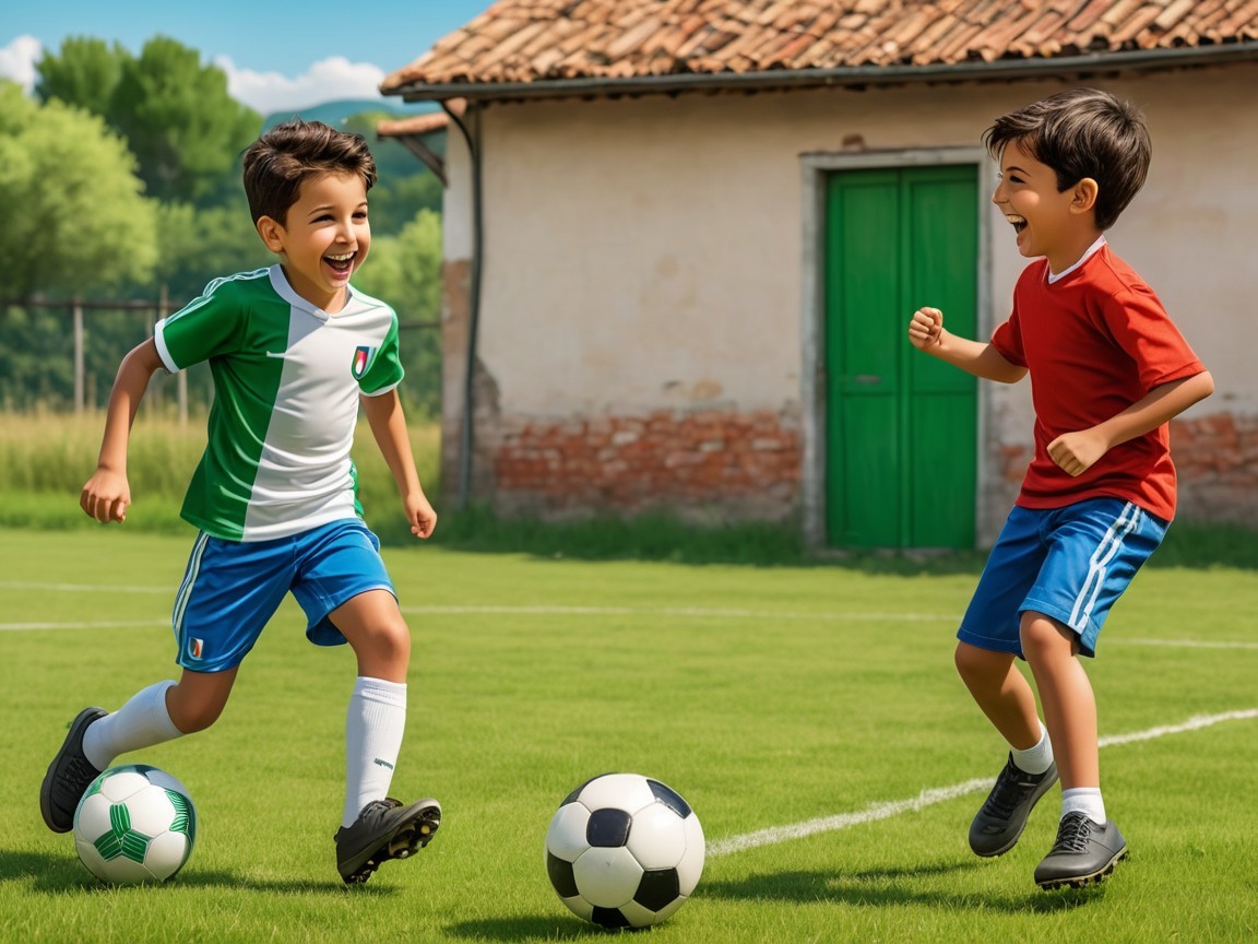 Young Boys Playing Soccer on a Green Field