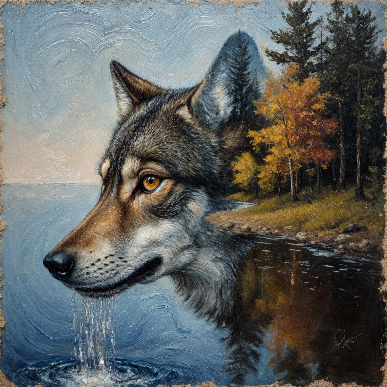 Wolf's Head Merging with Tranquil Autumn Landscape