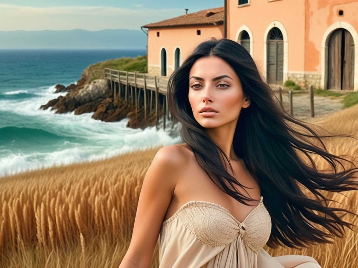 Woman in Beige Dress by Coastal Field and Waves