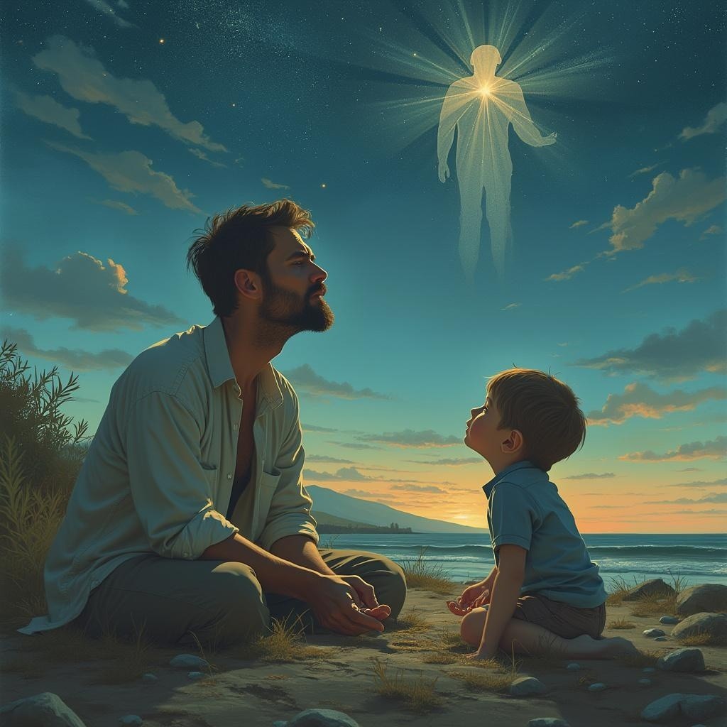 Twilight Beach Scene with Man and Boy Under Stars