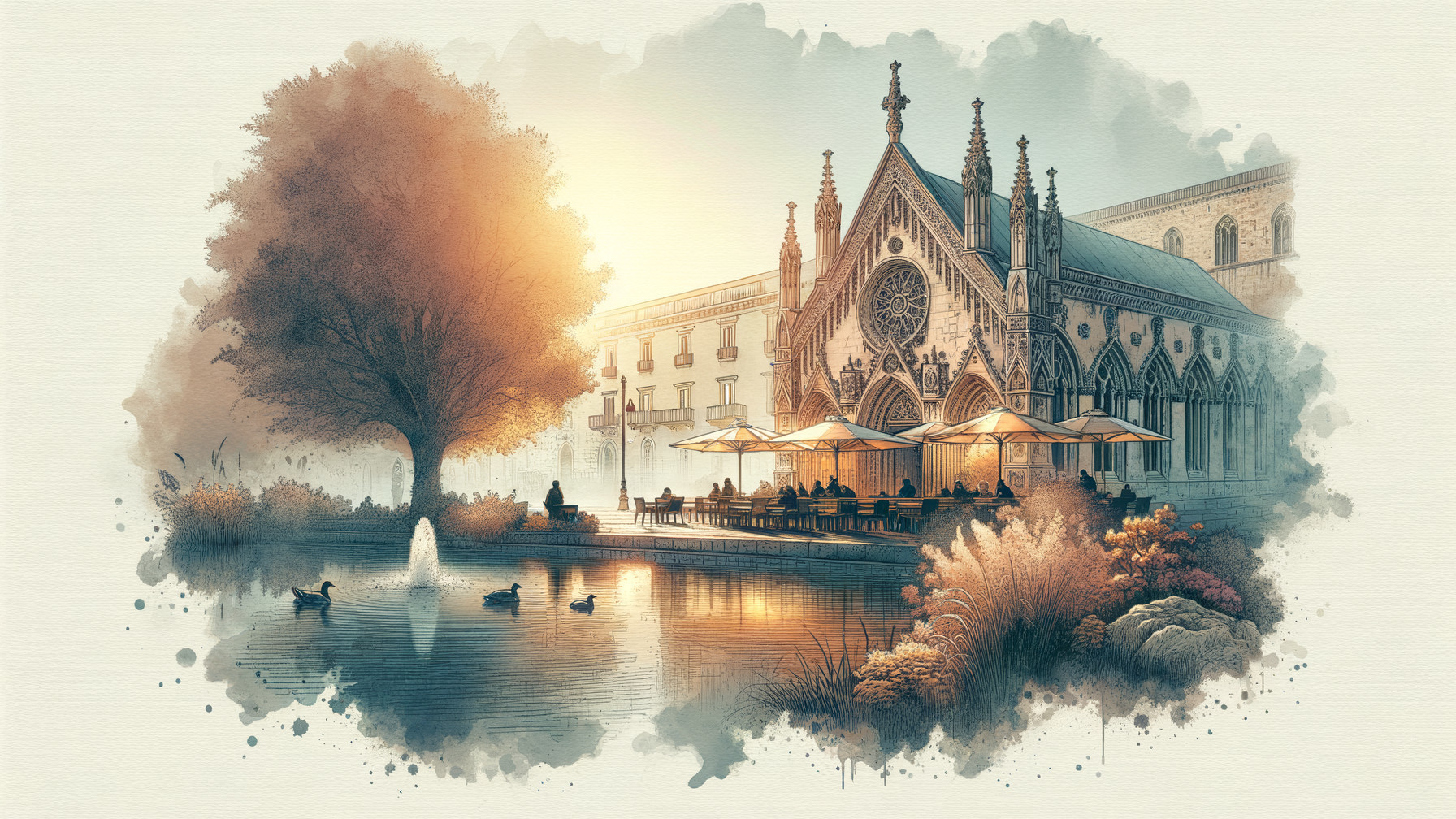 Gothic Architecture by Tranquil Pond with Foliage