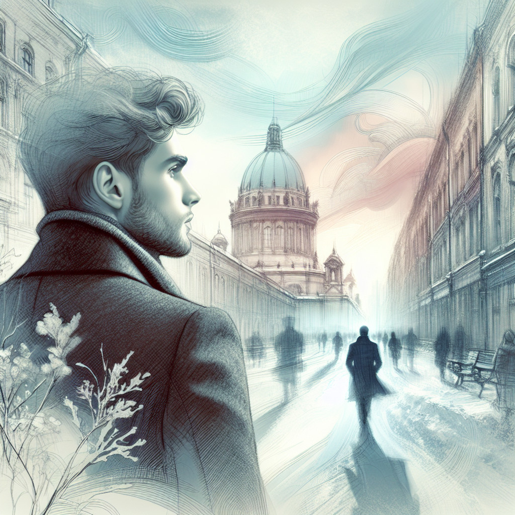 Young man in tranquil urban landscape with dome architecture