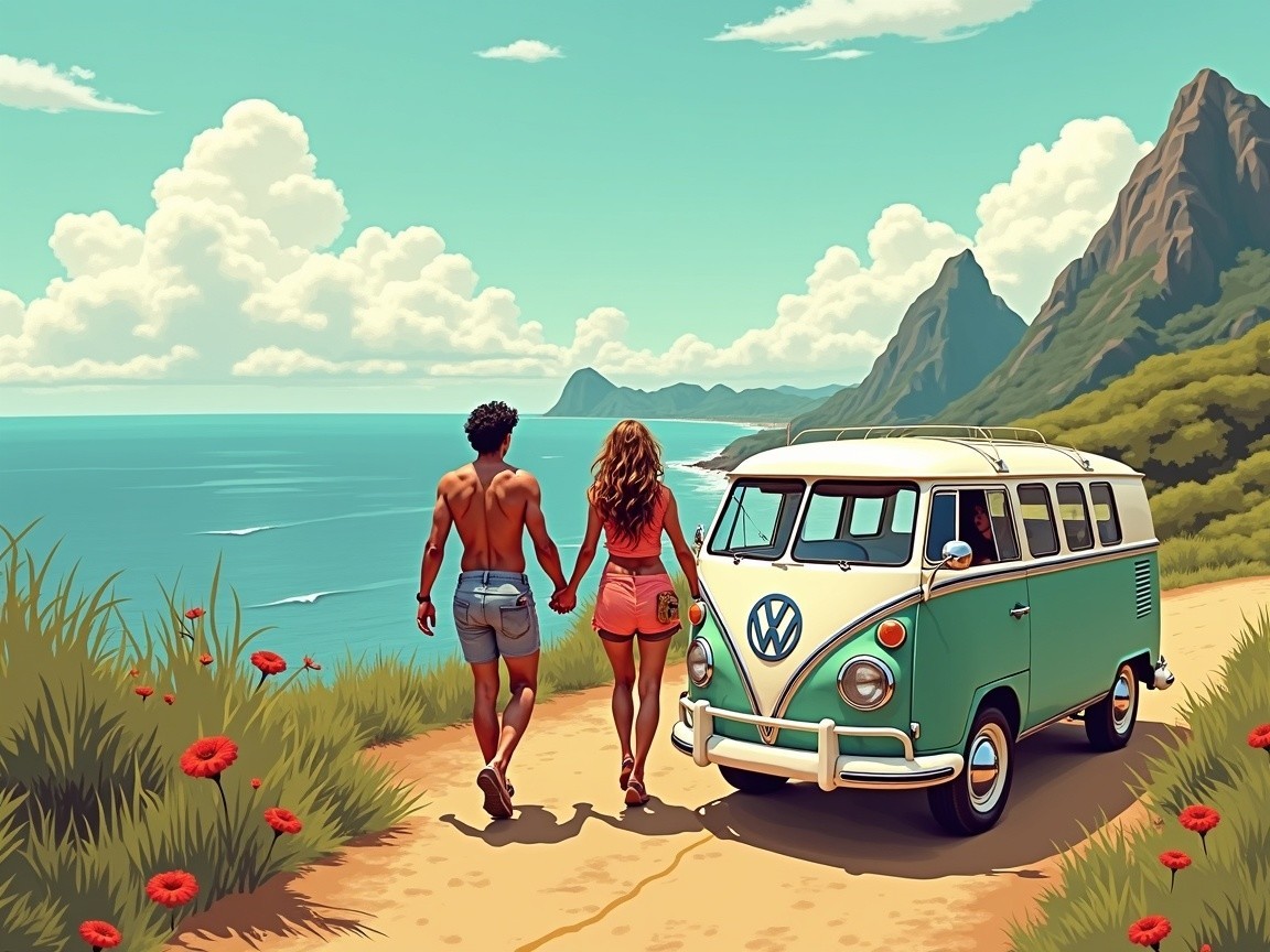 Couple Walking on Scenic Coastal Path with VW Van