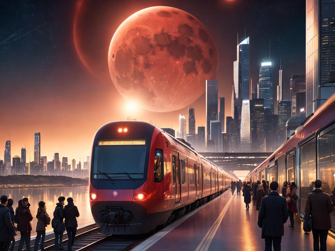 Futuristic Train Station at Dusk with Red Train