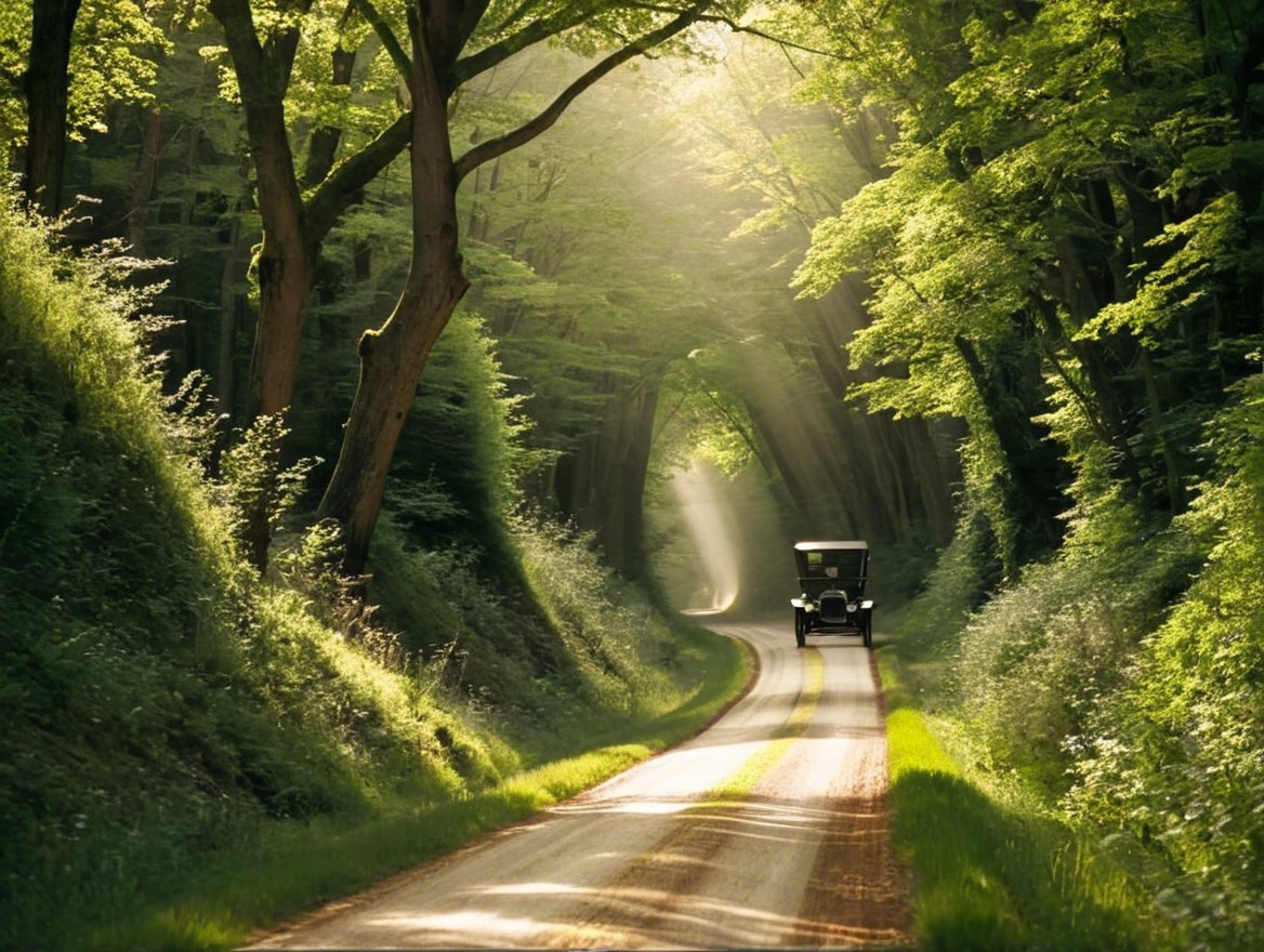 Vintage Car on Winding Road Surrounded by Trees