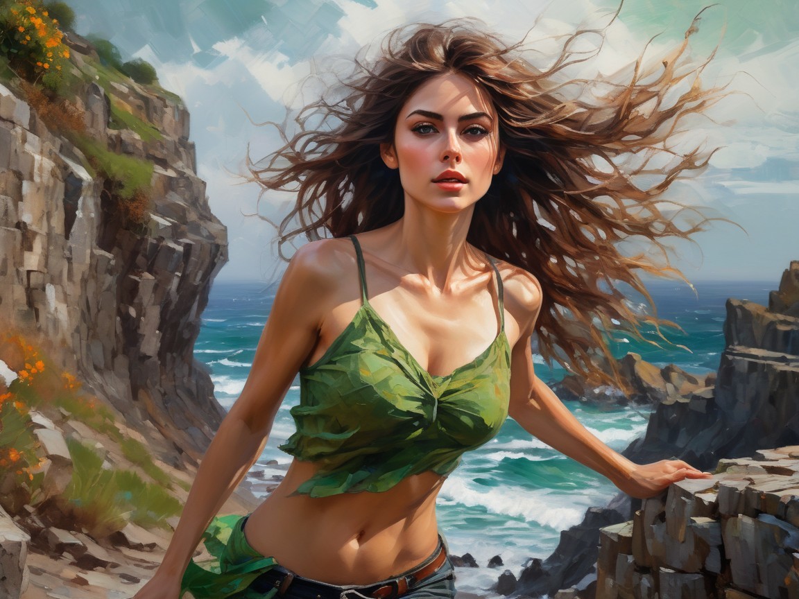 Woman on Rocky Shoreline with Lush Greenery