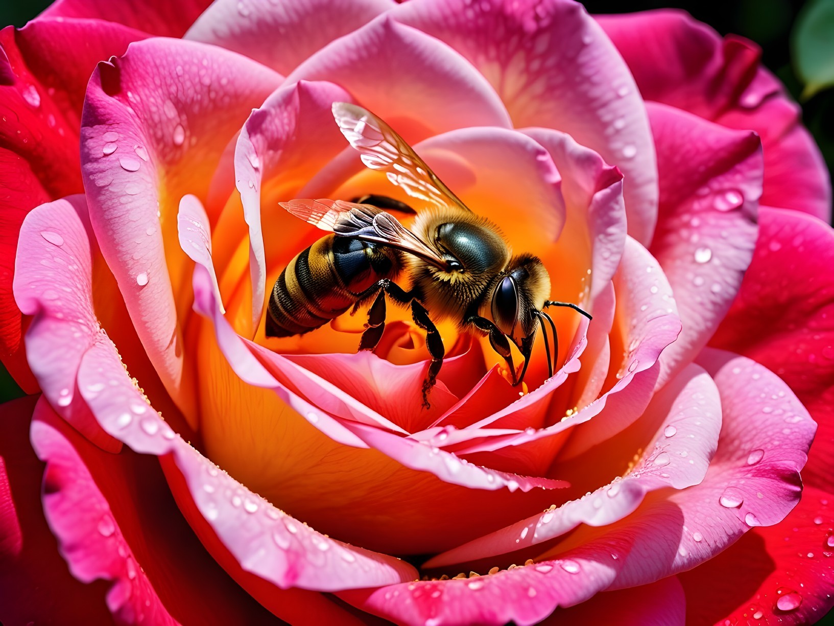 Close-Up of Honeybee in Pink Rose Blossom