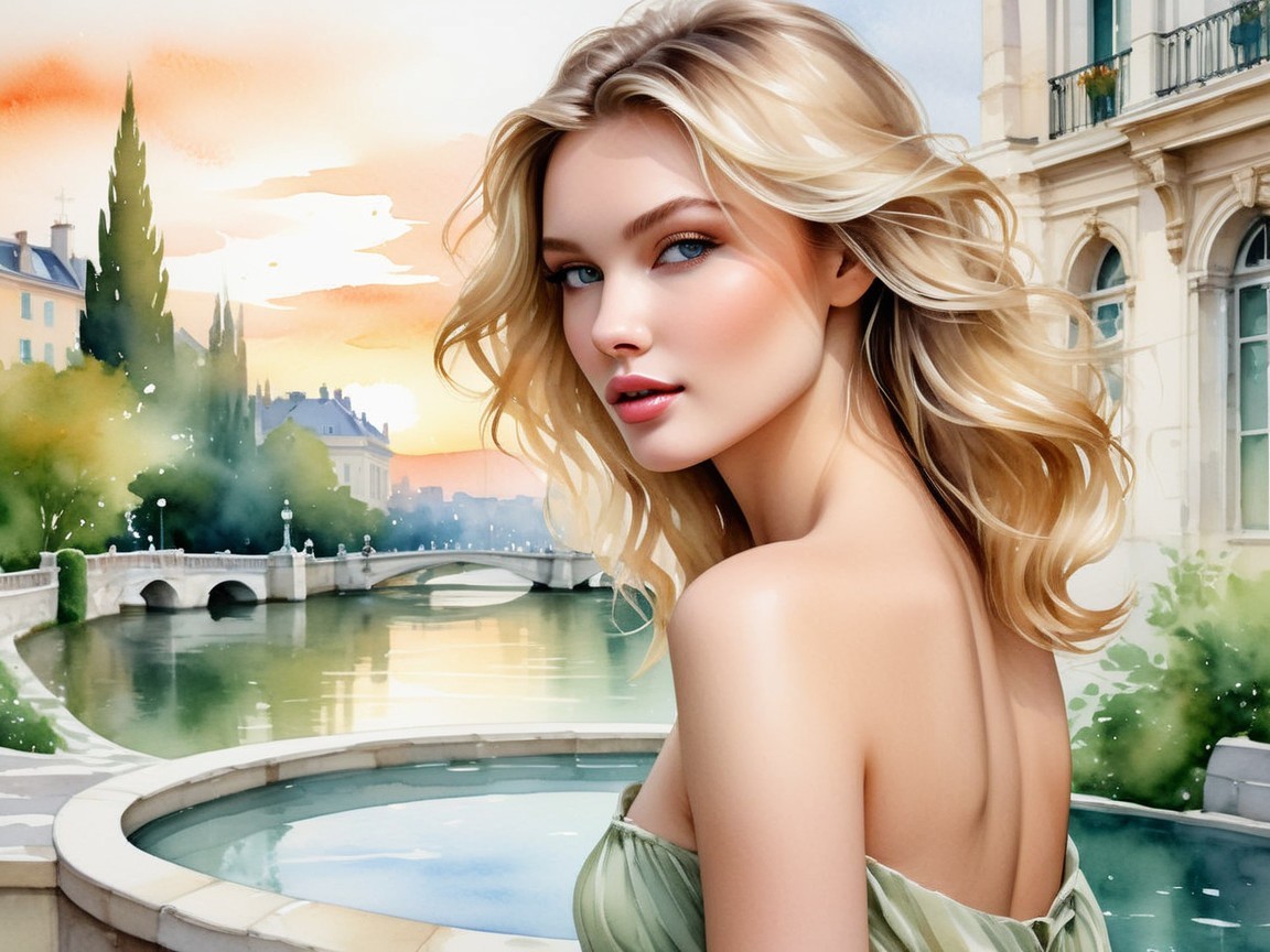 Young woman in green dress by tranquil landscape