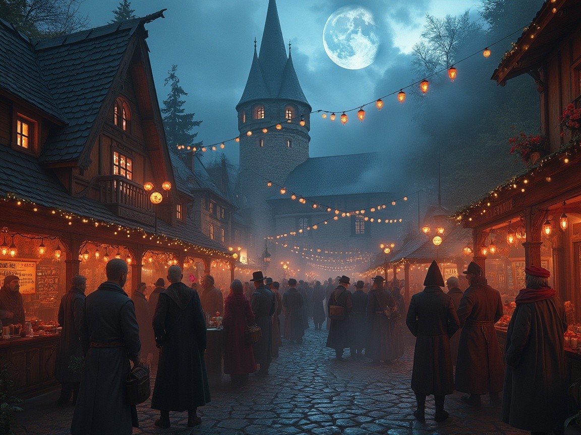 Misty Market Scene with Medieval Buildings and Lights