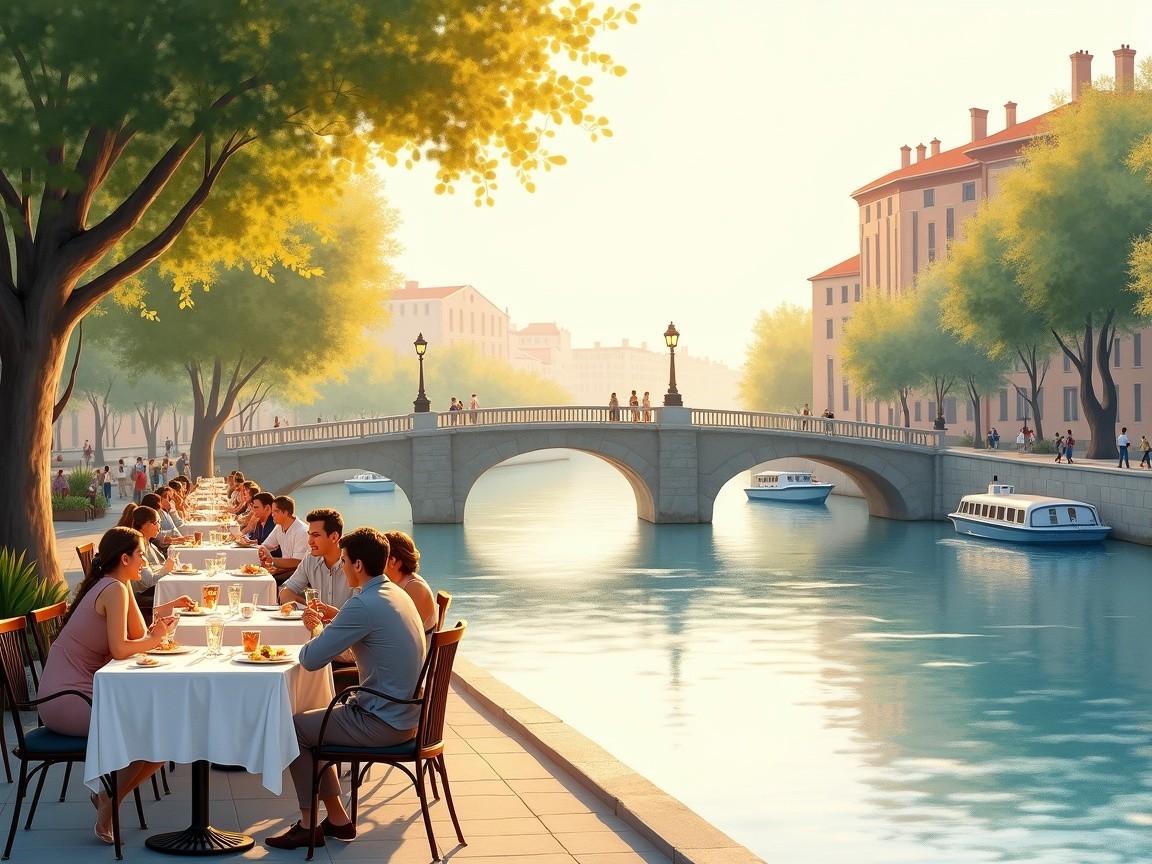 Serene Riverside Dining Scene with Lush Surroundings