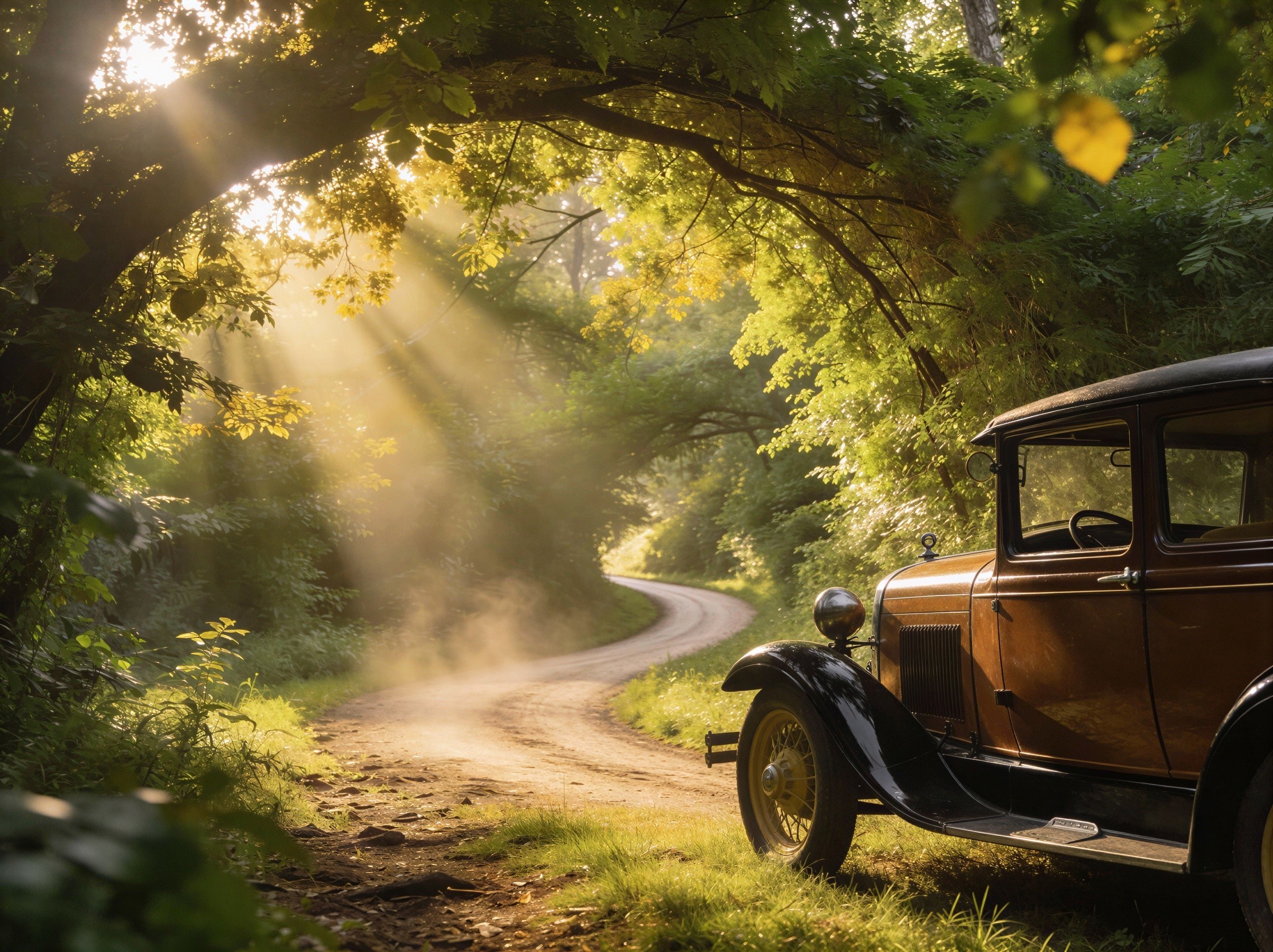 Vintage Ford Model A on a Winding Forest Road