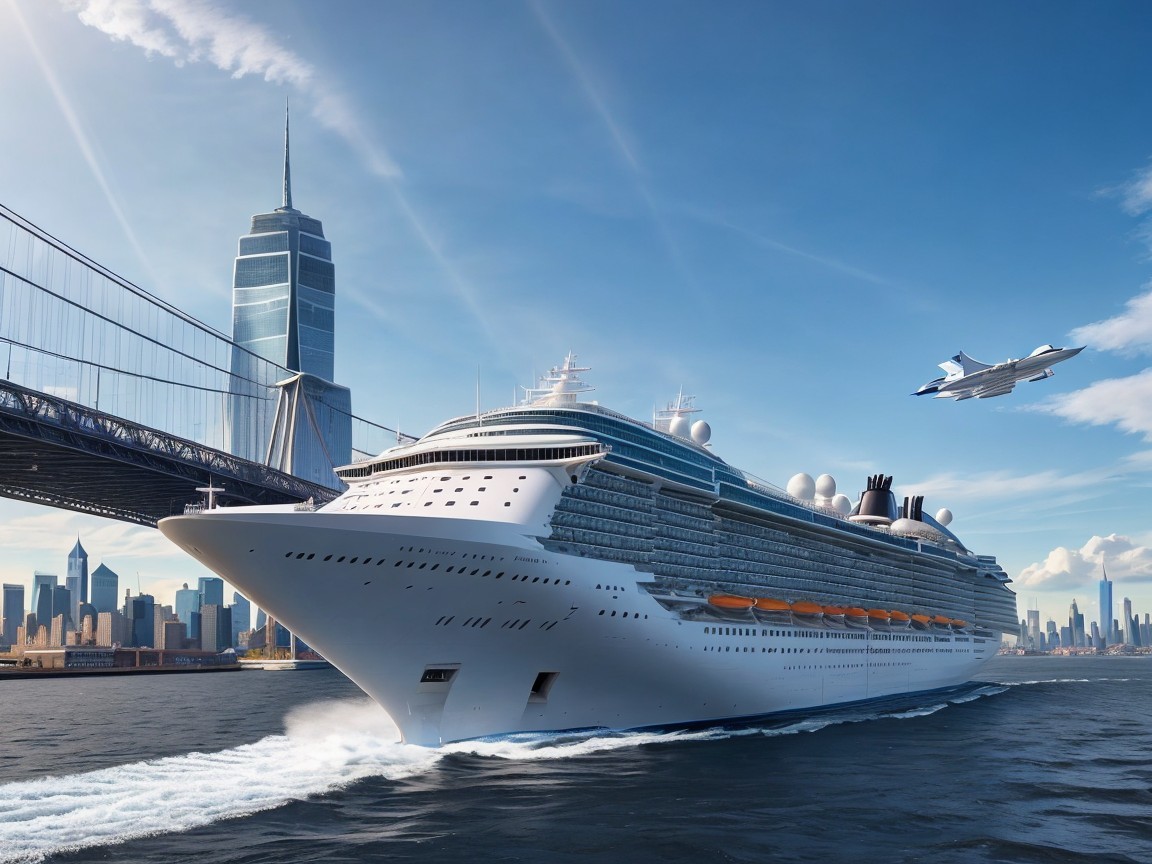 Cruise Ship in Vibrant Harbor with City Skyline