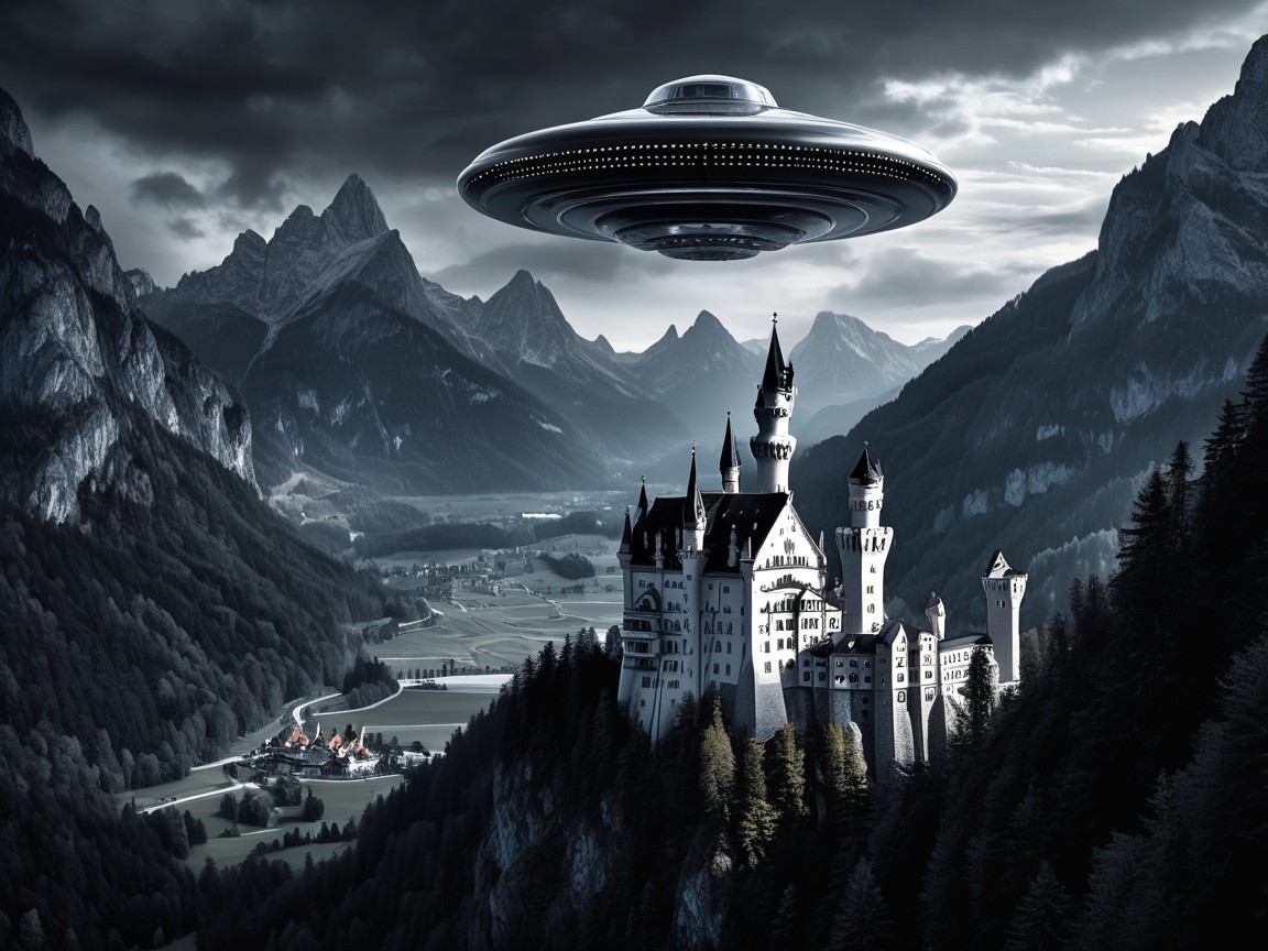 Castle on Cliff with UFO and Dramatic Landscape