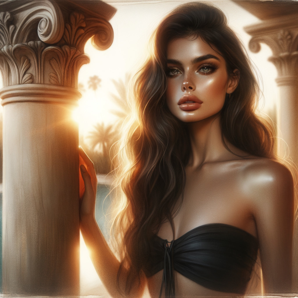 Woman in Black Top by Detailed Column in Sunlight