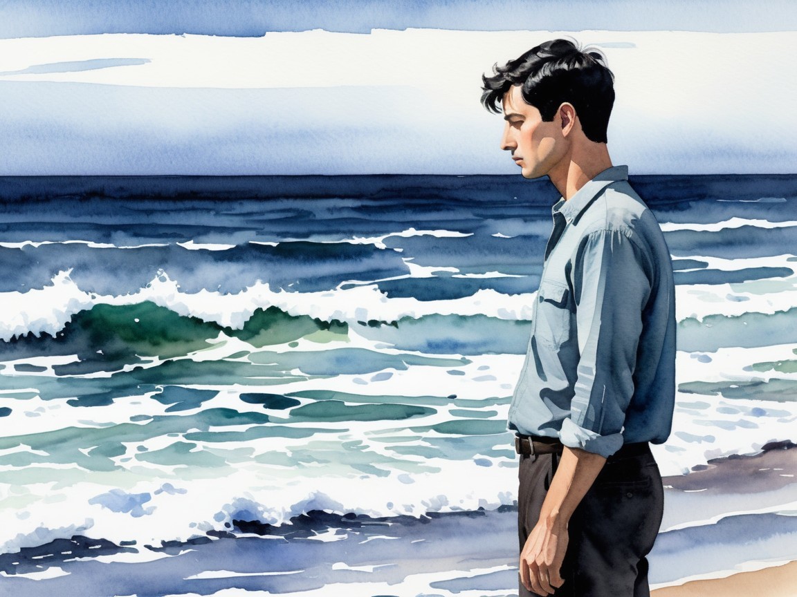 Young man on beach reflecting by rolling waves