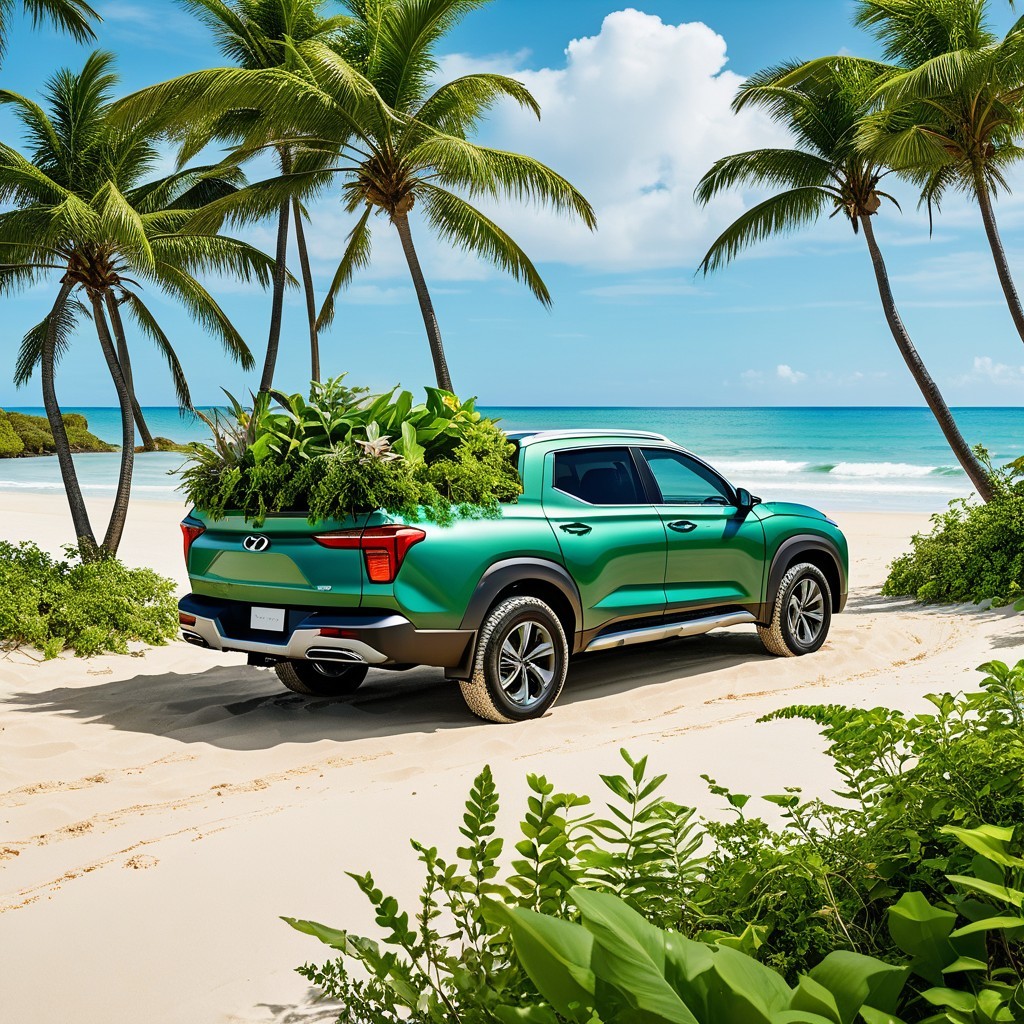 Vibrant Green Pickup Truck at Tropical Beach Setting