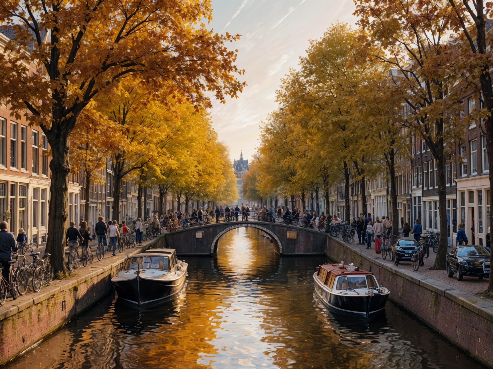 Autumn Scene of Canal Street with Golden Trees and Boats
