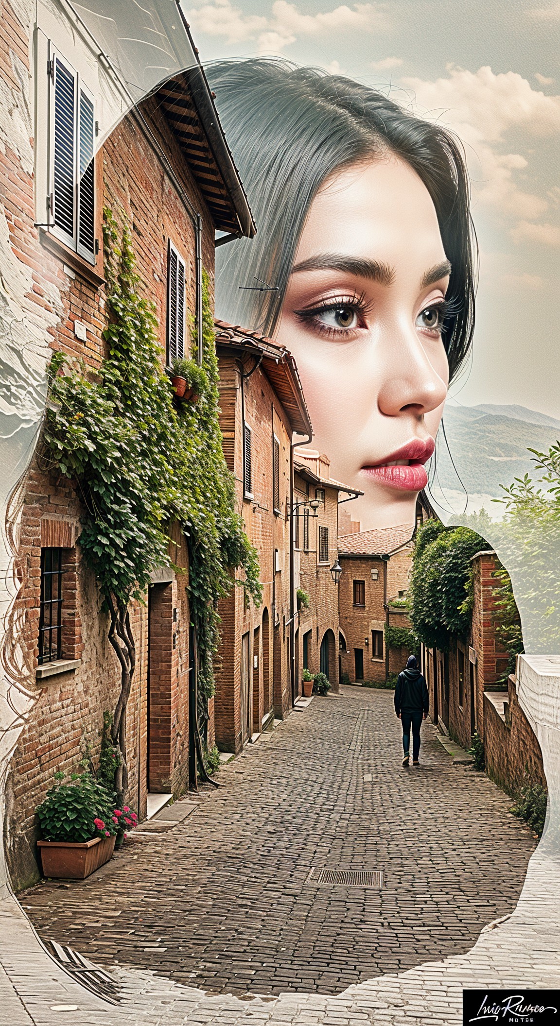 Charming Cobblestone Street with Lush Greenery and Portrait