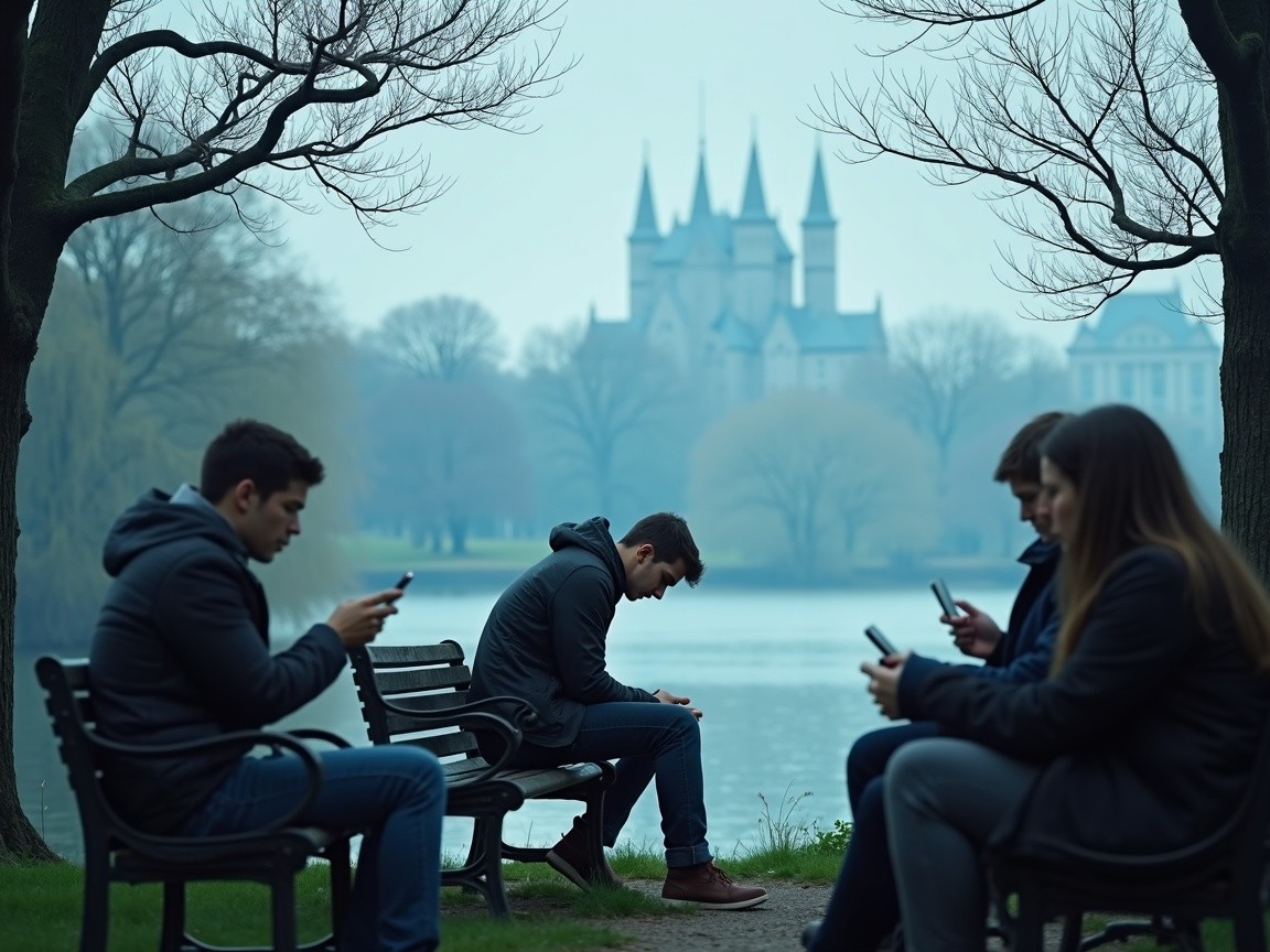 Individuals Using Smartphones in Serene Park Setting