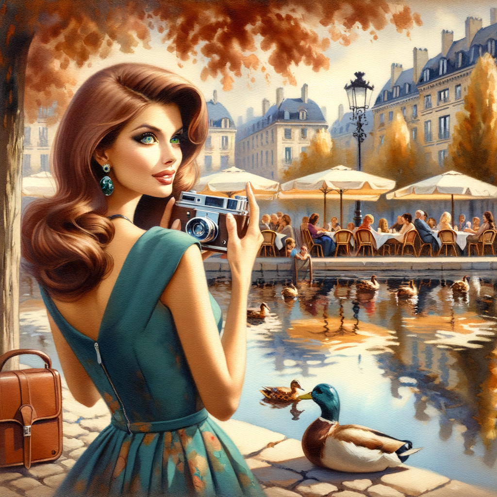 Stylish Woman with Camera by a Parisian Pond