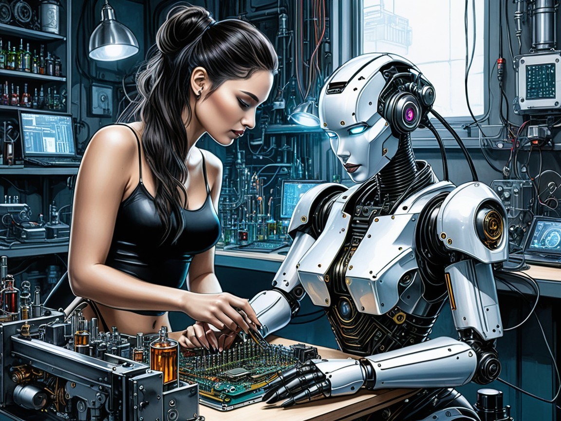 Futuristic Workshop with Woman and Humanoid Robot