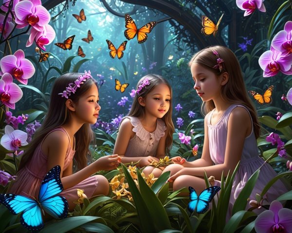 Young girls in a vibrant forest surrounded by nature