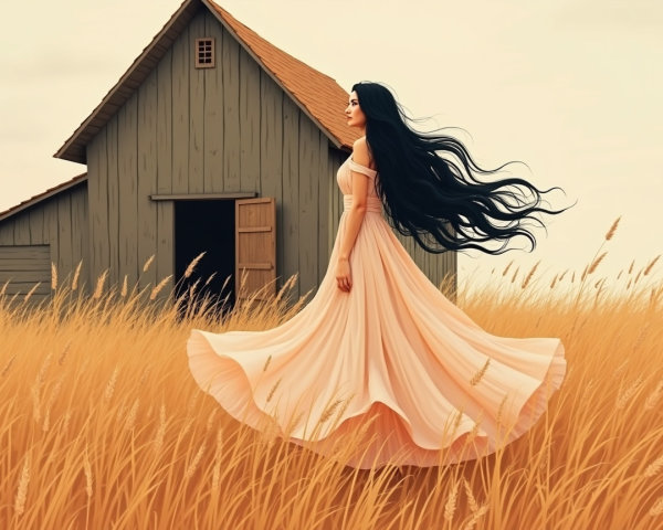 Woman in Pink Dress in Golden Wheat Field at Sunset