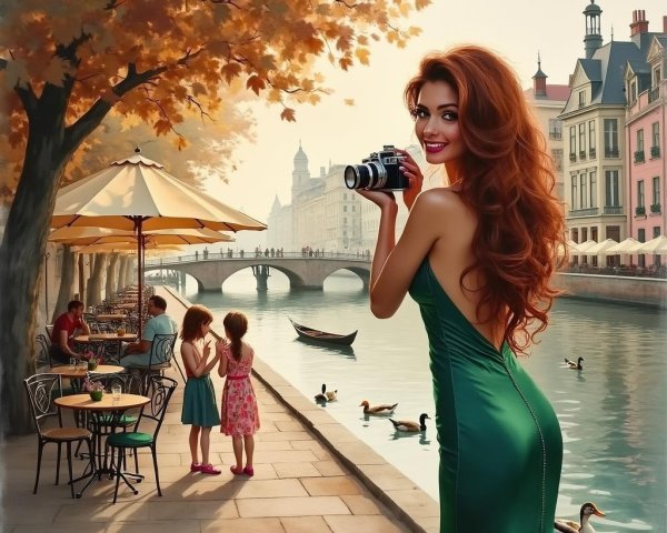 Woman in Green Gown Captures Canal Scene with Camera