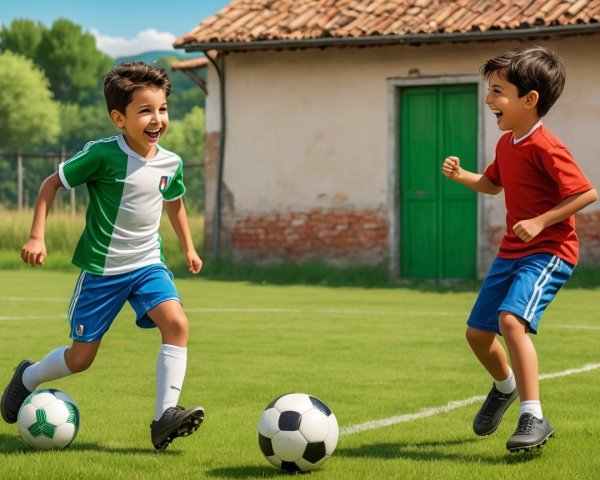 Young Boys Playing Soccer on a Green Field