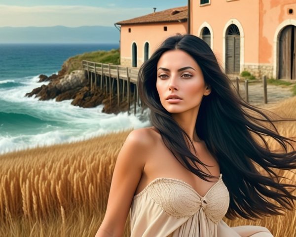 Woman in Beige Dress by Coastal Field and Waves