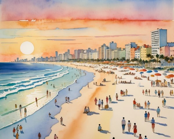 Vibrant Beach Sunset with City Skyline and Silhouettes