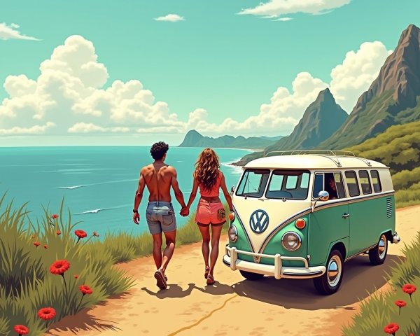Couple Walking on Scenic Coastal Path with VW Van