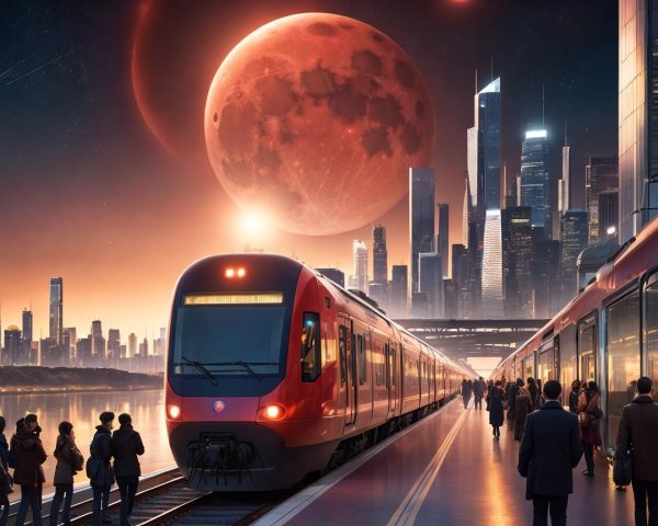 Futuristic Train Station at Dusk with Red Train