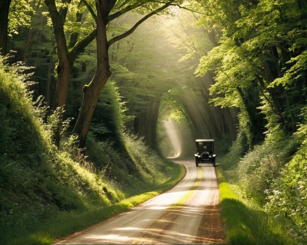 Vintage Car on Winding Road Surrounded by Trees