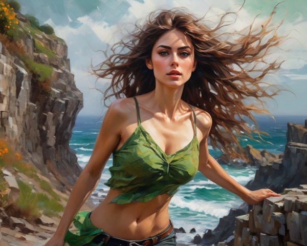 Woman on Rocky Shoreline with Lush Greenery
