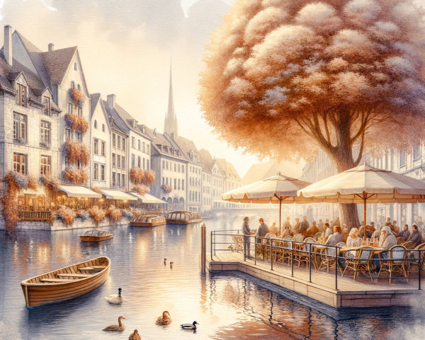 Serene canal scene with autumn colors and cafés