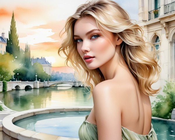Young woman in green dress by tranquil landscape