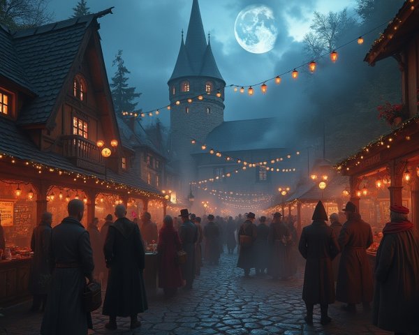 Misty Market Scene with Medieval Buildings and Lights