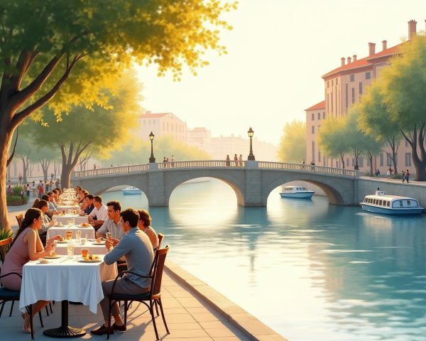 Serene Riverside Dining Scene with Lush Surroundings