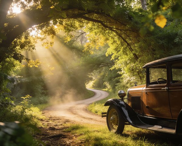 Vintage Ford Model A on a Winding Forest Road