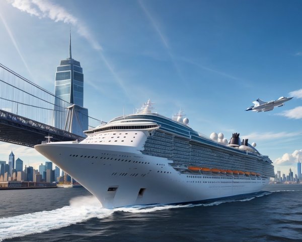 Cruise Ship in Vibrant Harbor with City Skyline