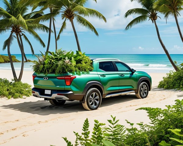 Vibrant Green Pickup Truck at Tropical Beach Setting