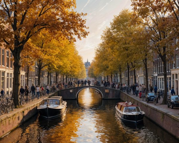 Autumn Scene of Canal Street with Golden Trees and Boats